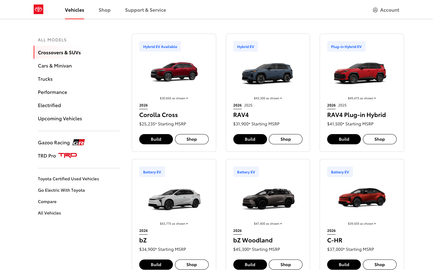 Toyota Vehicles 侧边 大下拉菜单